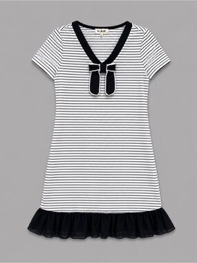 Le SaBi Nautical Stripe Bow Dress Large Kawaii Coquette Ruffle Hem Preppy Chic
